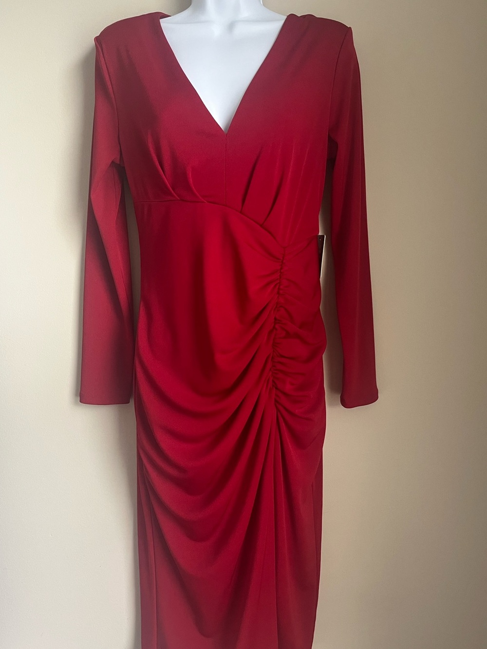 Express Red Long-Sleeve V-Neck Ruched Dress